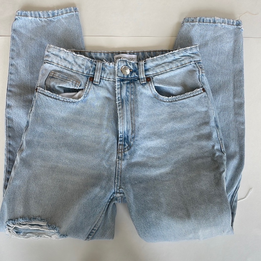 Zara Blue High Rise Distressed Straight Leg Ripped Jeans Size 6